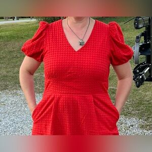 Red/Orange Puff Sleeve Eyelet Midi Dress - Women